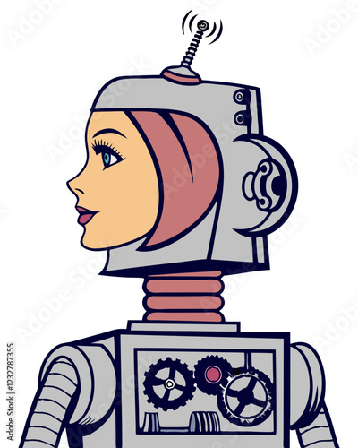 A vintage robot wear the woman's face on its head vector image, Isolated on white background.
