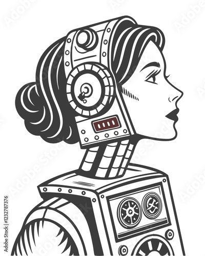 A vintage robot wear the woman's face on its head vector image, Isolated on white background.
