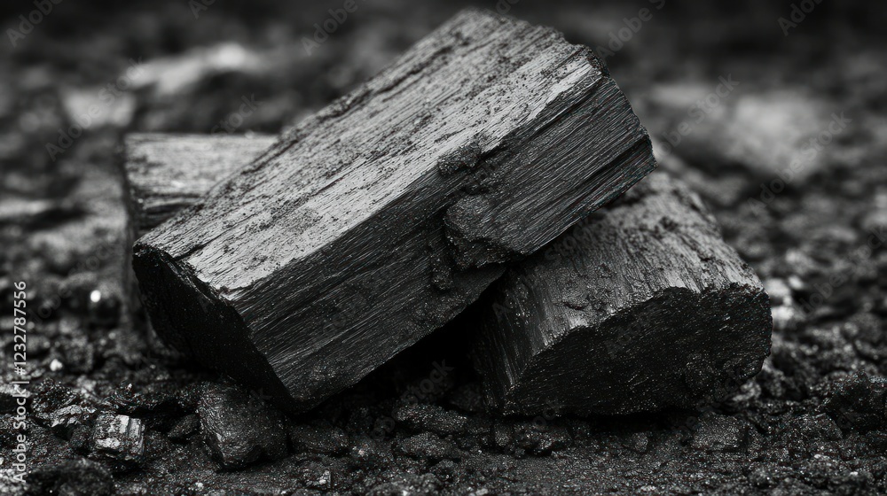 Fototapeta premium Charcoal briquettes closeup, barbecue fuel, dark background, grilling