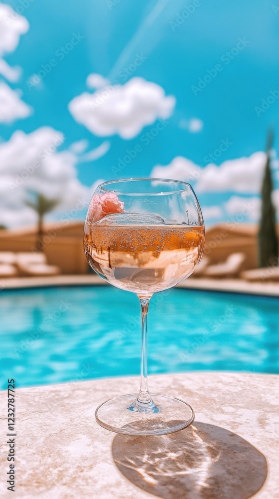Refreshing drink by the pool on a sunny day with blue skies and fluffy clouds Refreshing drink by the pool on a sunny day with blue skies and fluffy clouds