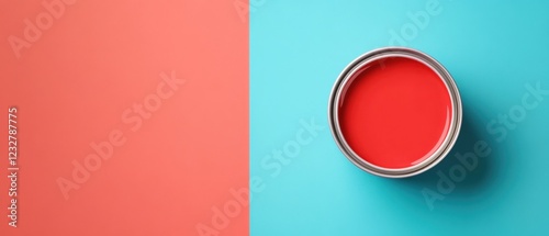 bright red paint can on a vibrant teal and coral background