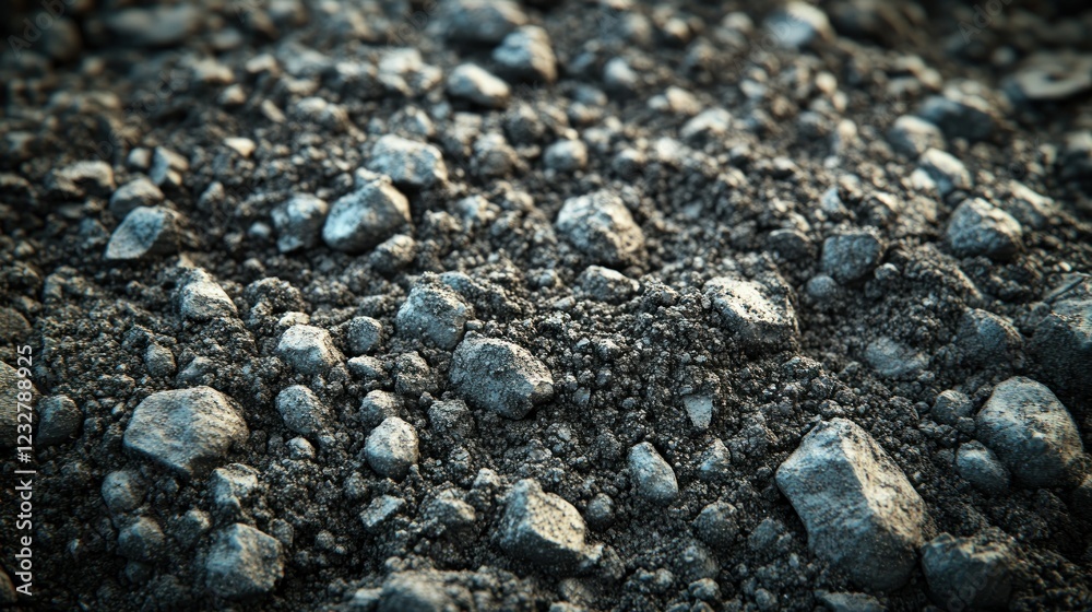 Close-up dark gravel texture, outdoor setting, sunlight Close-up dark gravel texture, outdoor setting, sunlight