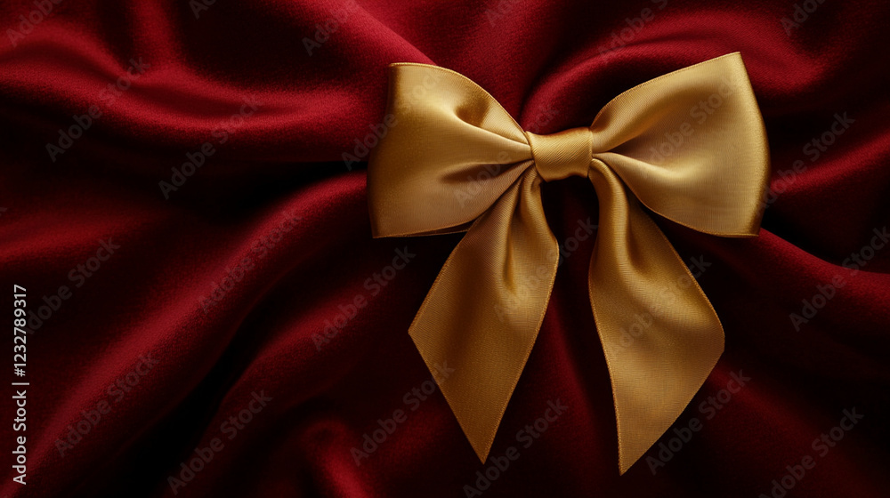 A luxurious golden satin bow tied neatly against a deep red velvet fabric, radiating elegance and sophistication. A luxurious golden satin bow tied neatly against a deep red velvet fabric, radiating elegance and sophistication.