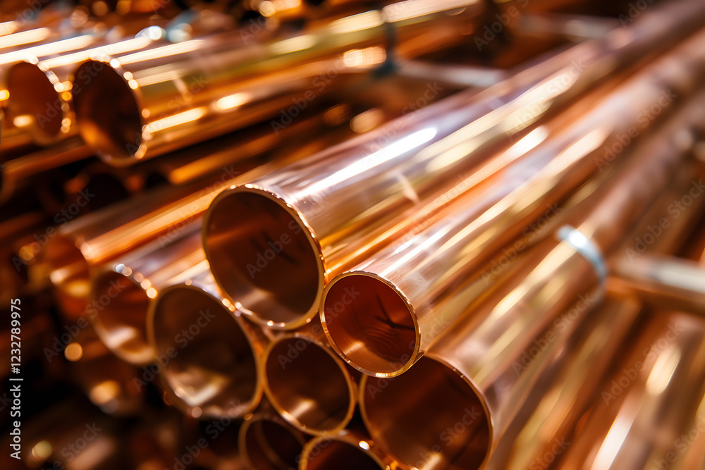 Naklejka premium Many copper pipes stacked in a warehouse. close up of Copper tubes for Construction
