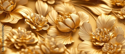 3d gold floral background, luxurious gold flower pattern
