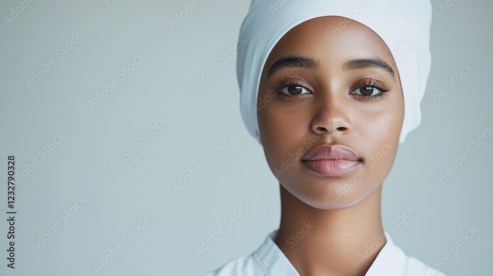 A young woman wearing a white head covering looks directly at the camera A young woman wearing a white head covering looks directly at the camera