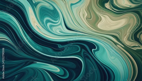 Vibrant Teal and Dark Green Waves in a Retroinspired Liquid Marble Isolated Color Artwork, Perfect for Modern Interiors and Digital Designs. photo