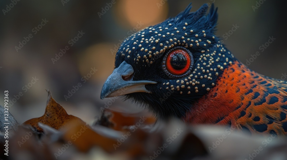 Obraz premium Colorful bird close-up, forest floor, autumn leaves, wildlife photography
