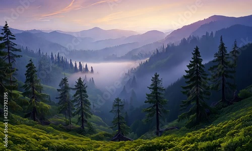 Mystical Foggy Forest Landscape with Lush Greenery and Towering Pines in a Tranquil Mountain Valley
