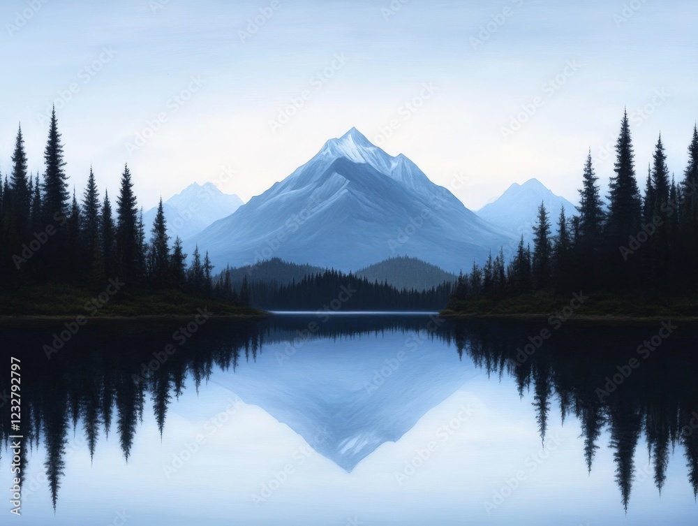 serene landscape of mountains reflected in a calm lake with pine trees serene landscape of mountains reflected in a calm lake with pine trees