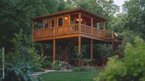 Luxurious tree house nestled in lush greenery.