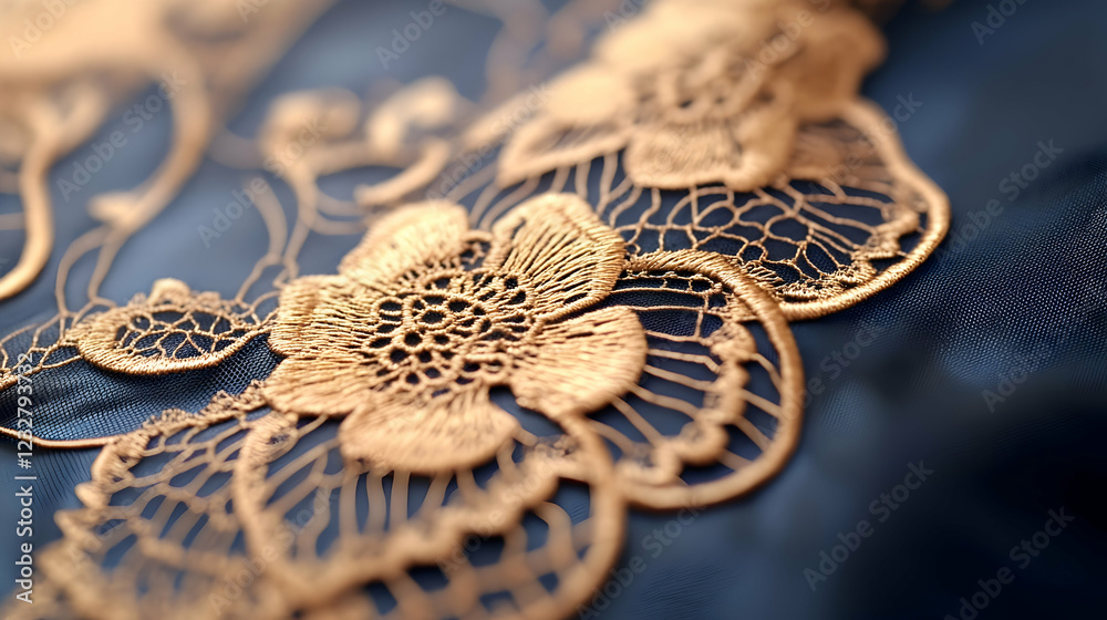 Rich blue fabric features fine lace embroidery with stunning floral motifs that captivate the eye Rich blue fabric features fine lace embroidery with stunning floral motifs that captivate the eye