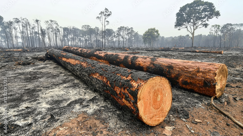 Burned forest with charred tree trunks and ash, showcasing environmental impact Burned forest with charred tree trunks and ash, showcasing environmental impact