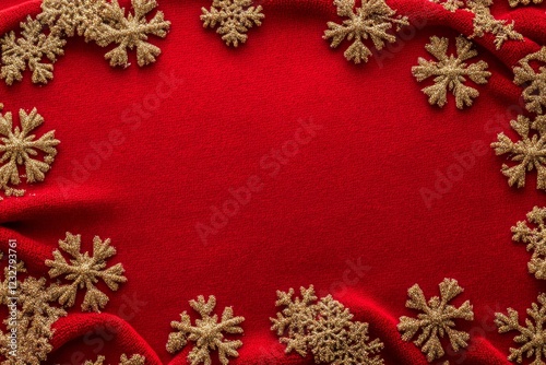 Decorative Red Fabric with Golden Snowflake Embellishments
