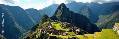 Ancient Machu Picchu ruins in the Andes Mountains, historical site, mountains