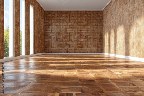 Sunlit empty room, wood floor & wall, garden view photo