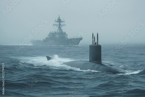 Partially surfaced submarine positioned for engagement with a naval destroyer in an atmospheric ocean setting photo