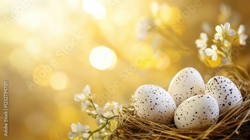 Delicate Artistic Easter Egg Arrangement Nestled in Natural Material with Soft Light and Floral Elements Creating a Serene Atmosphere