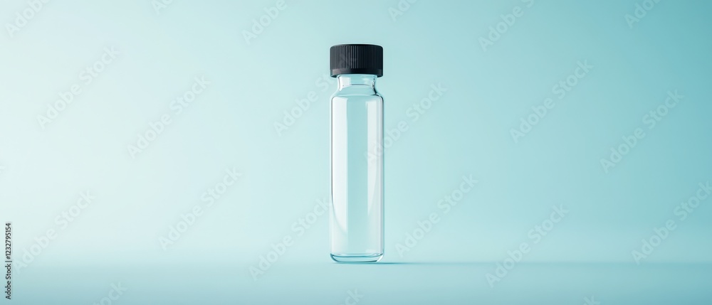 empty glass vial with black cap on a light blue background empty glass vial with black cap on a light blue background