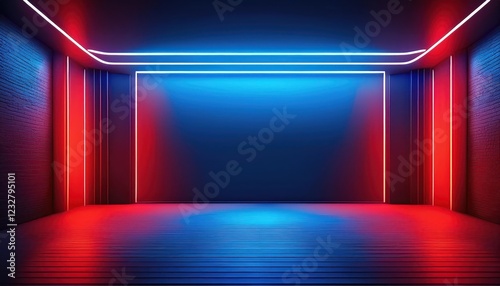 Vivid Neon Light Spectacle in an Empty Room A Glimpse into a Futuristic Urban Dystopia, Bathed in Electric Blue and Red Hues, Perfect for Digital Art, Home Decor, or Design Inspiration photo