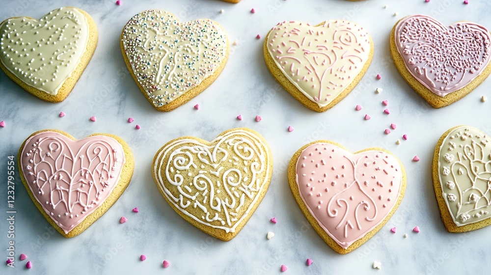 Fototapeta premium A collection of heart-shaped pastel cookies decorated with intricate patterns, arranged on a marble surface with scattered sprinkles.