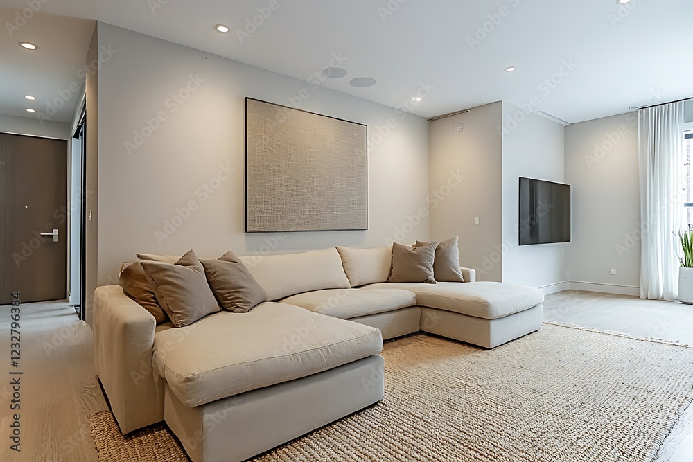 Fototapeta premium This stylish living room, equipped with a beige couch and a plain white wall, serves as a perfect foundation for creative expression and customization.