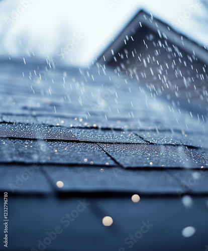 Rain pours onto roof shingles, close up view during a storm. Roofing or roofer, leak or water intrusion concept. Homeowner's house during a rainstorm. Severe weather insurance claim concept.