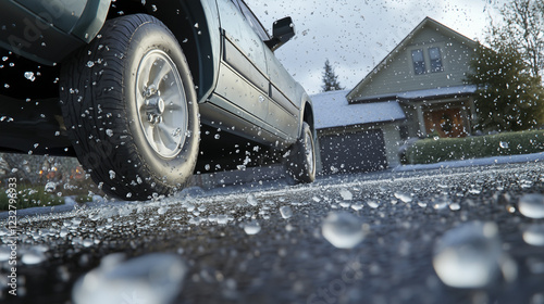 A truck is pelted and dented with hail in the driveway of a suburban home as it is parked in the driveway. A hailstorm, low angle, hail stones on the ground, hail damaged house, garage, car, SUV photo