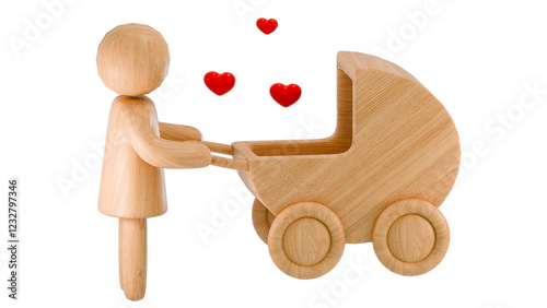 Wooden figurine pushing baby carriage with heart symbols: family and parenthood concept