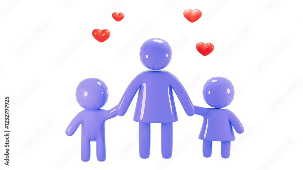 Blue family figures holding hands with floating red hearts on white background Blue family figures holding hands with floating red hearts on white background