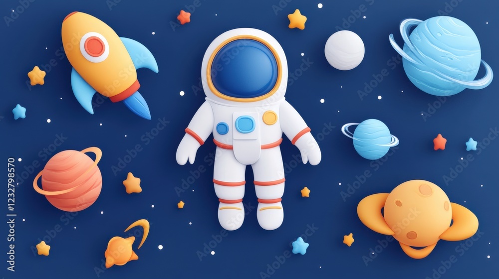 3d illustration of cute astronaut, rocket and planets floating in space, perfect for children's illustrations or space-themed designs.