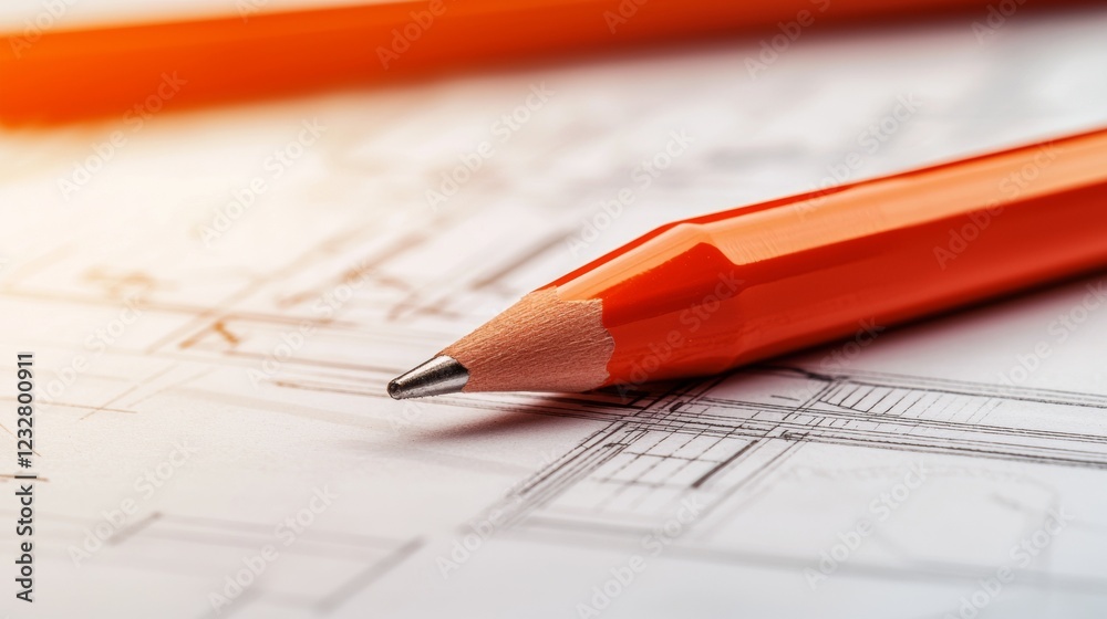 Detailed perspective of an orange pencil resting on architectural plans with clean lines and sketches in a bright workspace. Generative AI Detailed perspective of an orange pencil resting on architectural plans with clean lines and sketches in a bright workspace. Generative AI