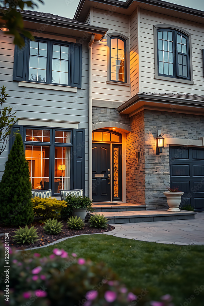 Luxury Modern Home Exterior at Night: Elegant Design, Landscaping, and Architectural Details Luxury Modern Home Exterior at Night: Elegant Design, Landscaping, and Architectural Details