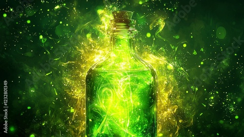 Bright green potion bottle with magical glowing effect in a dark atmosphere showcasing mystical elements and enchantment. Generative AI