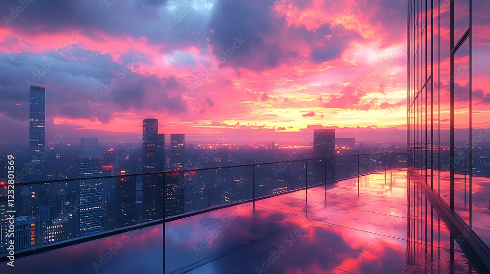 Obraz premium Rooftop Sunset Cityscape Reflection Panorama