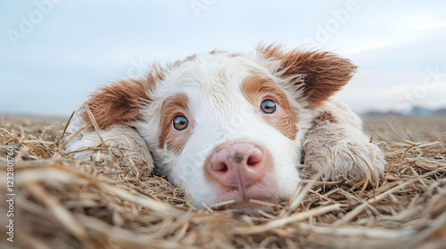 Puppy resting in hay field, cloudy sky