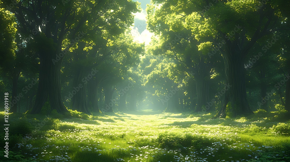 Sunlit forest path, green canopy, spring flowers, peaceful background, nature scene Sunlit forest path, green canopy, spring flowers, peaceful background, nature scene