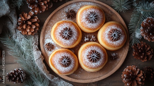 Festive Spiced Donuts Wooden Tray Winter Holiday Baking photo