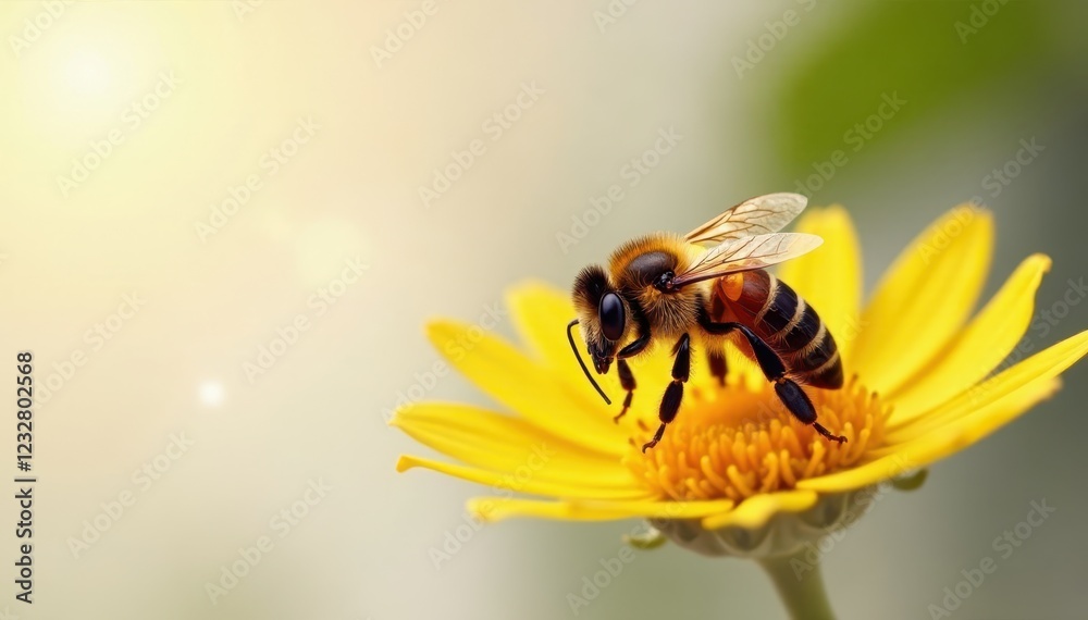 Single golden honeybee, sharp focus, white backdrop , body, focus Single golden honeybee, sharp focus, white backdrop , body, focus