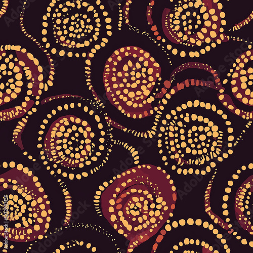 Colorful abstract pattern featuring swirling shapes and dots on a dark background. photo