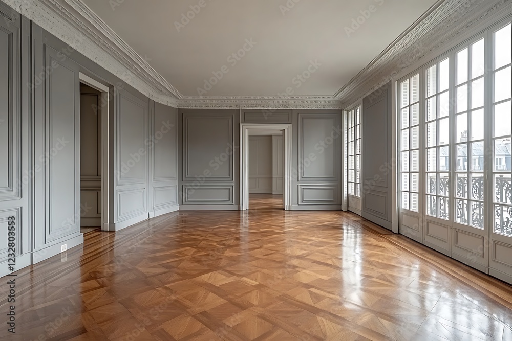 Fototapeta premium A contemporary upscale vacant room showcases a brown parquet floor and classic gray wall panels adorned with sophisticated wall molding, providing plenty of blank space for customization.