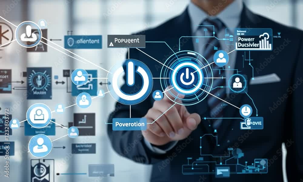 Business process and workflow automation with flowchart. Business and technology concept. Businessman push on power button to shows arranging processing management on virtual screen Business process and workflow automation with flowchart. Business and technology concept. Businessman push on power button to shows arranging processing management on virtual screen