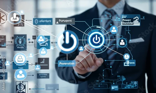 Business process and workflow automation with flowchart. Business and technology concept. Businessman push on power button to shows arranging processing management on virtual screen 