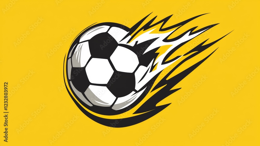 Obraz premium Soccer ball in motion with dynamic flames on bright yellow background showcasing speed and excitement. Generative AI
