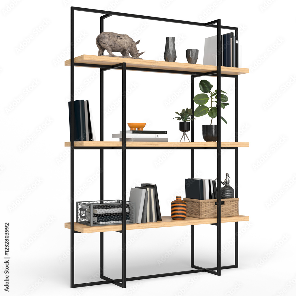 Fototapeta premium Loft style shelving unit made of metal and wooden shelves for accessories