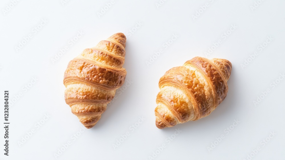 two freshly baked golden croissants on a white background two freshly baked golden croissants on a white background