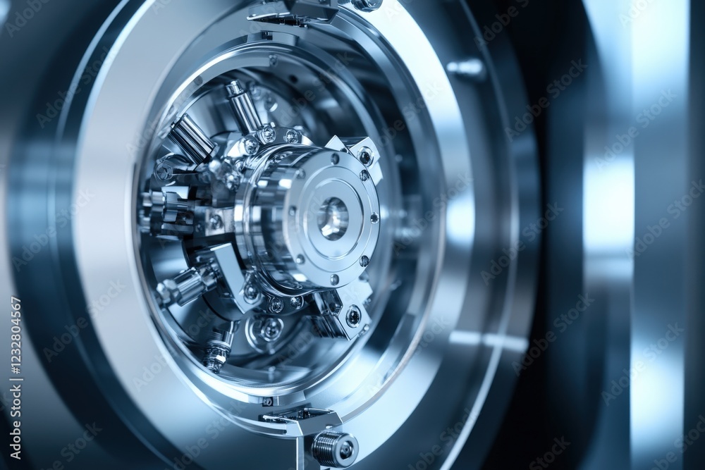 Close-Up View of a High-Tech Vault Door Mechanism with Intricate Mechanical Components and Bright Metallic Finishes for Security and Safety Applications Close-Up View of a High-Tech Vault Door Mechanism with Intricate Mechanical Components and Bright Metallic Finishes for Security and Safety Applications