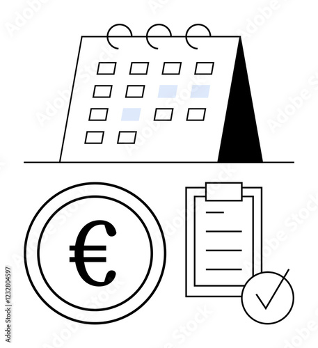 A table calendar, Euro coin, and checklist symbolize financial planning, budgeting, time management, and goal tracking. Ideal for business, banking, productivity deadlines organization personal