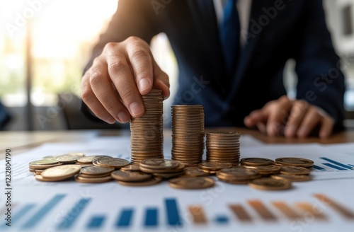 A businessman places a stack of coins on a table, with a close-up of his hand wearing a suit and tie in the background of an office room, representing a business concept.
