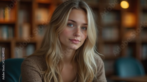 Wallpaper Mural Close-up portrait of a young woman sitting in a cozy, warmly lit library. Torontodigital.ca